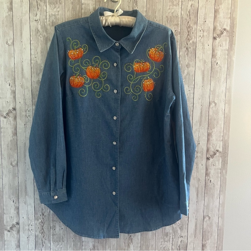 Quacker Factory Fall Halloween Pumpkin Blue Denim Chambray Button Down Shirt Med